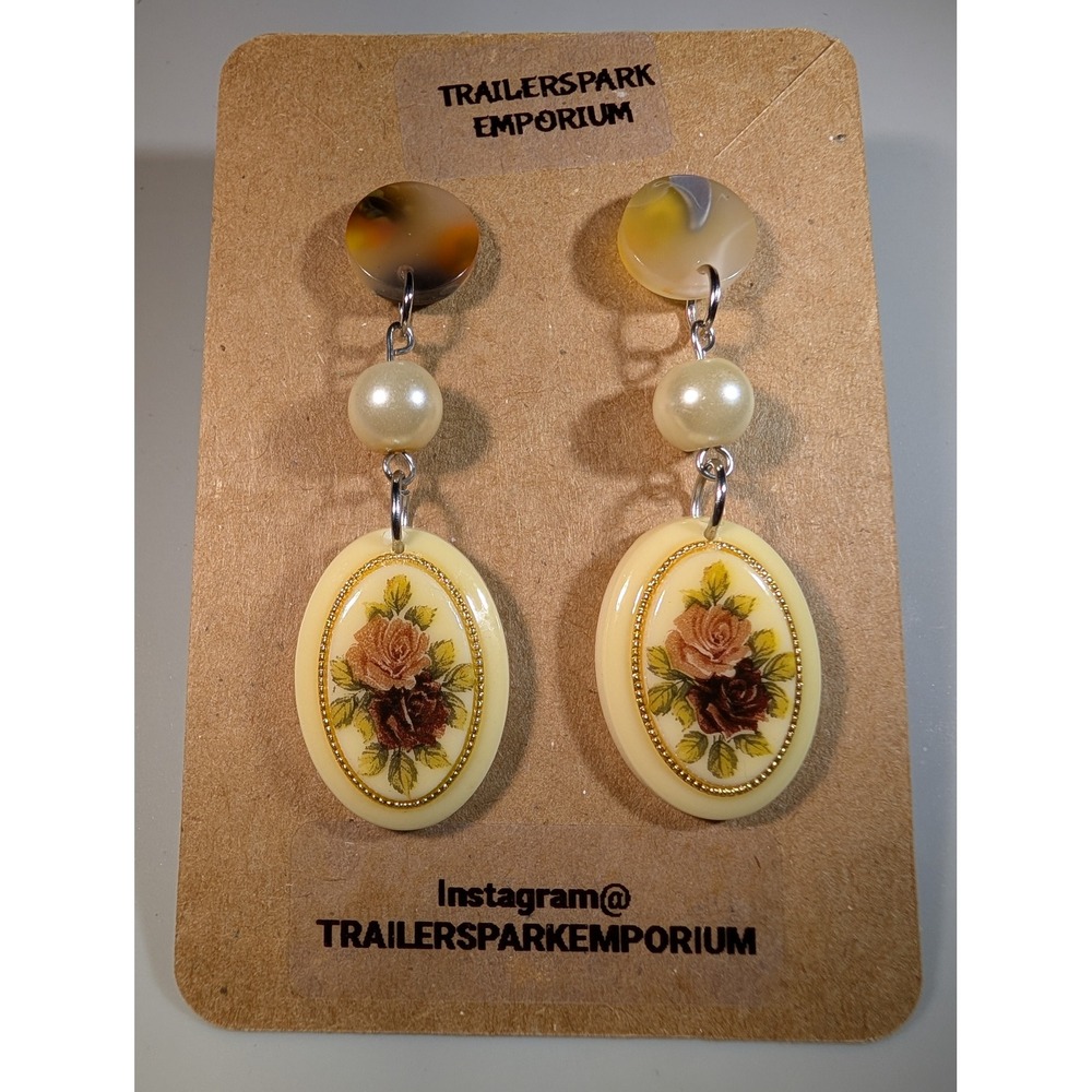 Trailerspark Emporium Floral Rose Drop Earrings Faux Pearl Tortoise Nickel Free